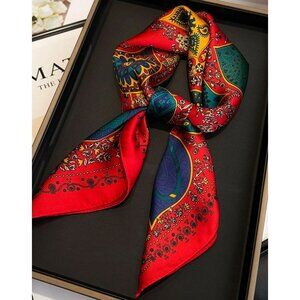 ✨New Elegant Bandana Square Scarf Silky Satin Red Floral Leaves Wrap Stylish✨